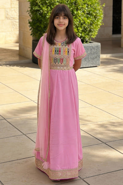 Fayon Kids by Preeti Jatia Pink embroidered velvet anarkali set FAYOAPR26D143163