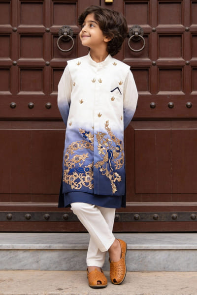 Fayon Kids by Preeti Jatia Blue ombre embroidered Nehru jacket set FAYOAPR26D143164