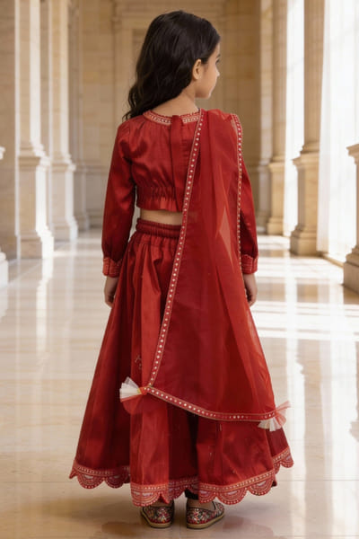 Fayon Kids by Preeti Jatia Red lace embroidered lehenga set FAYOAPR26D143165
