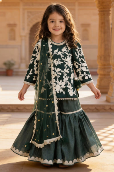 Fayon Kids by Preeti Jatia Green embroidered sharara set FAYOAPR26D143167
