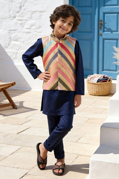 Fayon Kids by Preeti Jatia Blue thread embroidered Nehru jacket set FAYOAPR26D143169