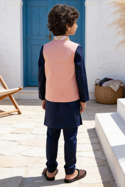 Fayon Kids by Preeti Jatia Blue thread embroidered Nehru jacket set FAYOAPR26D143169