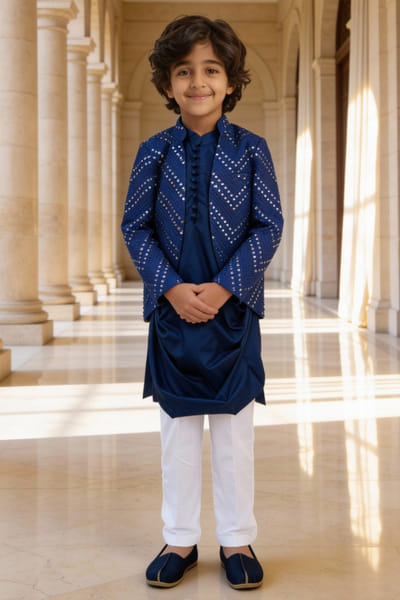 Fayon Kids by Preeti Jatia Blue mirror embroidered Nehru jacket set FAYOAPR26D143170