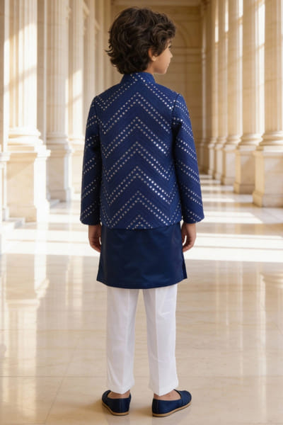 Fayon Kids by Preeti Jatia Blue mirror embroidered Nehru jacket set FAYOAPR26D143170