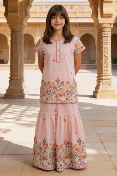 Fayon Kids by Preeti Jatia Peach thread embroidered sharara set FAYOAPR26D143172