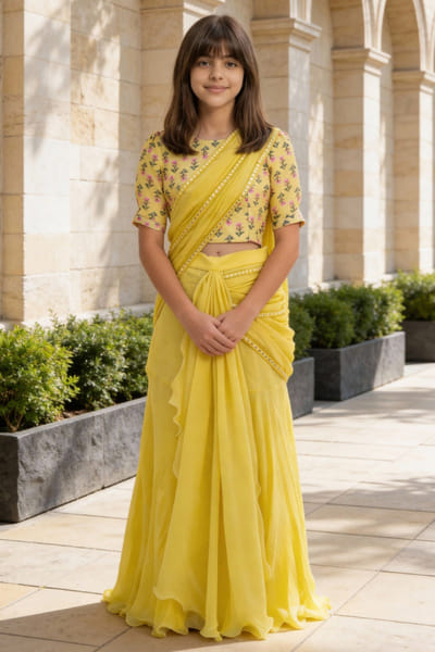 Fayon Kids by Preeti Jatia Yellow printed draped lehenga sari set FAYOAPR26D143173