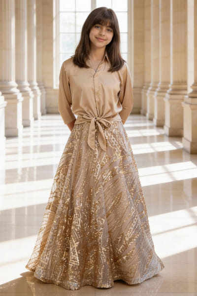 Fayon Kids by Preeti Jatia Beige sequin embroidered skirt set FAYOAPR26D143174