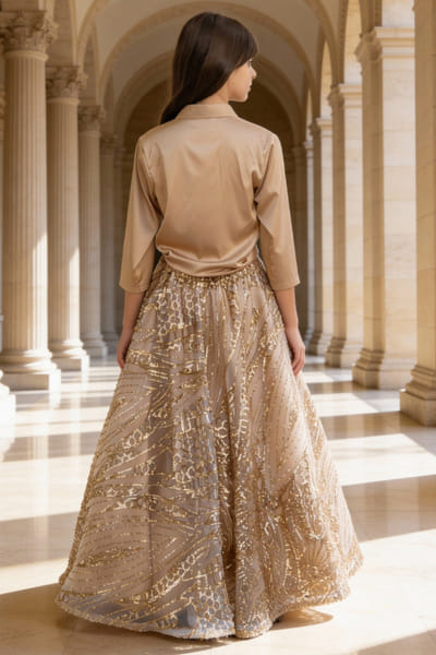 Fayon Kids by Preeti Jatia Beige sequin embroidered skirt set FAYOAPR26D143174