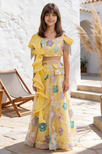 Fayon Kids by Preeti Jatia Yellow floral embroidered lehenga set FAYOAPR26D143175