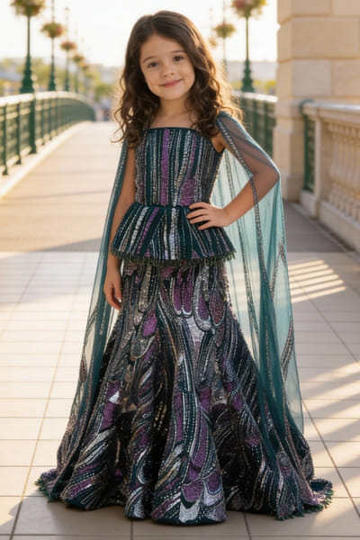 Fayon Kids by Preeti Jatia Green embroidered peplum lehenga set FAYOAPR26D143180