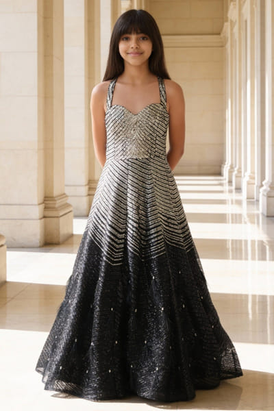 Fayon Kids by Preeti Jatia Silver and black sequin embroidered gown FAYOAPR26D143182