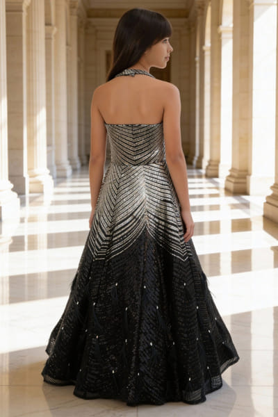 Fayon Kids by Preeti Jatia Silver and black sequin embroidered gown FAYOAPR26D143182