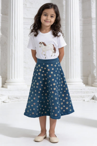 Fayon Kids by Preeti Jatia White and blue embroidered denim skirt set FAYOAPR26D143183