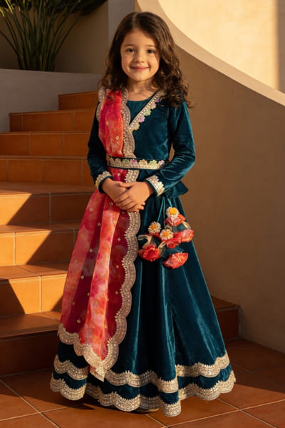 Fayon Kids by Preeti Jatia Teal blue velevet lehenga set FAYOAPR26D143185