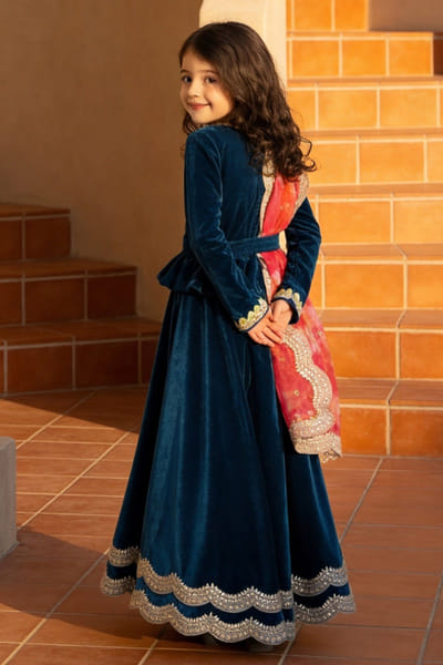 Fayon Kids by Preeti Jatia Teal blue velevet lehenga set FAYOAPR26D143185