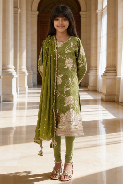 Fayon Kids by Preeti Jatia Green brocade kurta set FAYOAPR26D143187
