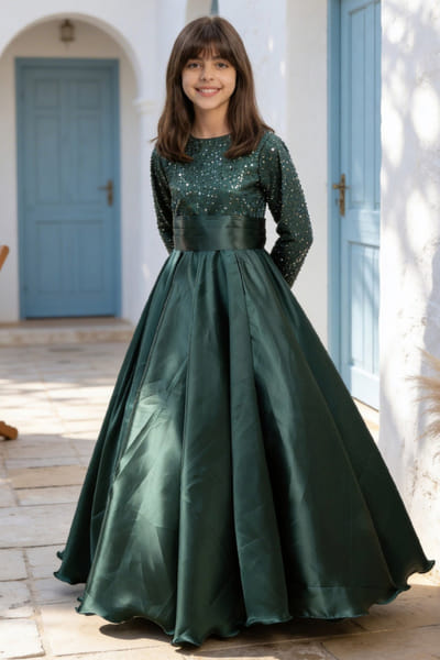 Fayon Kids by Preeti Jatia Green sequin embroidered gown FAYOAPR26D143189