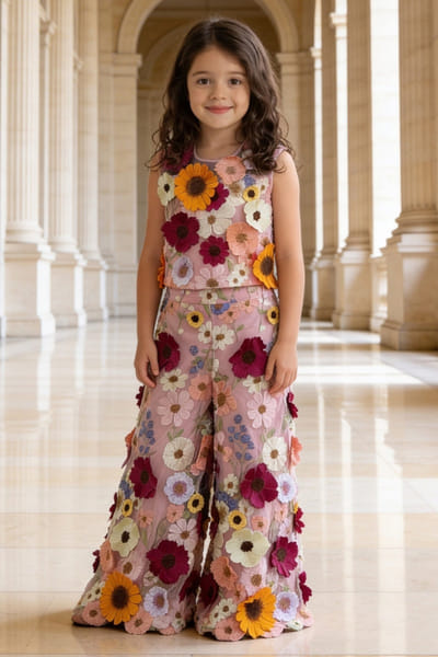 Fayon Kids by Preeti Jatia Pink 3D embroidered top and palazzo FAYOAPR26D143190