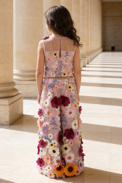 Fayon Kids by Preeti Jatia Pink 3D embroidered top and palazzo FAYOAPR26D143190