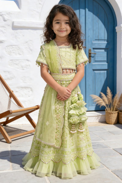 Fayon Kids by Preeti Jatia Green thread embroidered lehenga set FAYOAPR26D143191