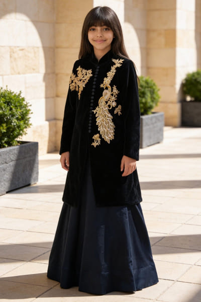 Fayon Kids by Preeti Jatia Black sequin embroidered jacket lehenga set FAYOAPR26D143194