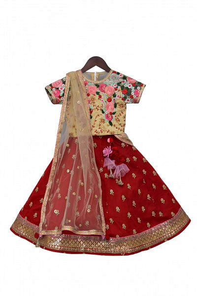 Red and beige embroidered lehenga set