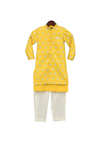 Yellow embroidered kurta set with jacket
