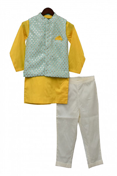 Aqua and yellow embroidered Nehru jacket