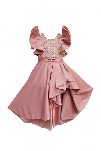 Peach embellished satin high low gown