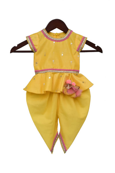 Yellow chanderi peplum and dhoti set