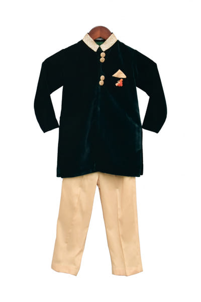 Bottle green velvet achkan with pant