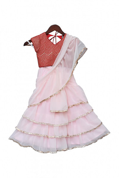 Red and pink saree lehenga