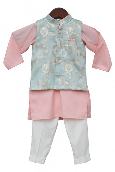 Pastel blue chanderi brocade Nehru jacket set