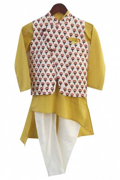 Printed Nehru jacket, kurta and churidar