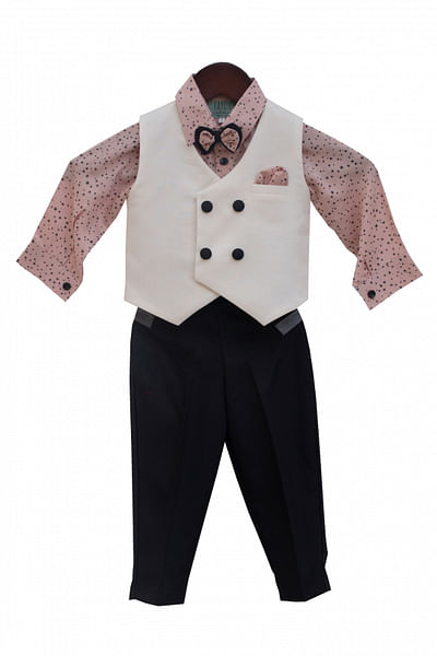 White waistcoat with peach shirt and black trousers