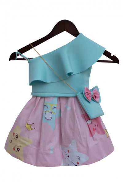 Aqua crop top with printed pink skirt