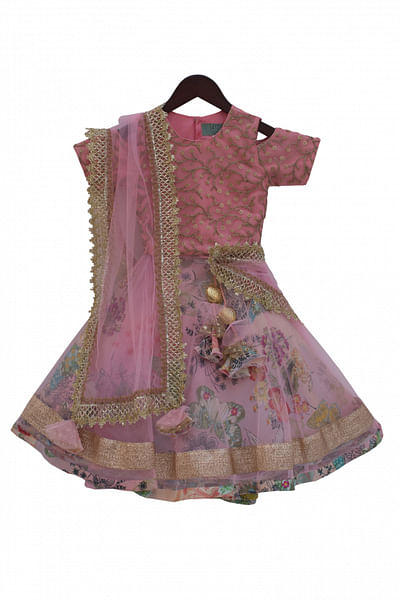 Printed lehenga with embroidered choli and dupatta