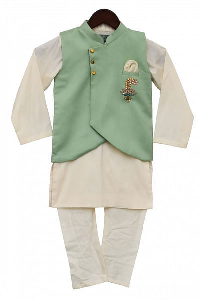 Off white and green kurta jacket set
