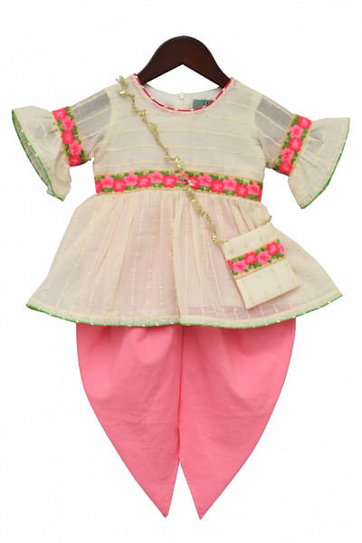 Off white and pink kurti and dhoti set