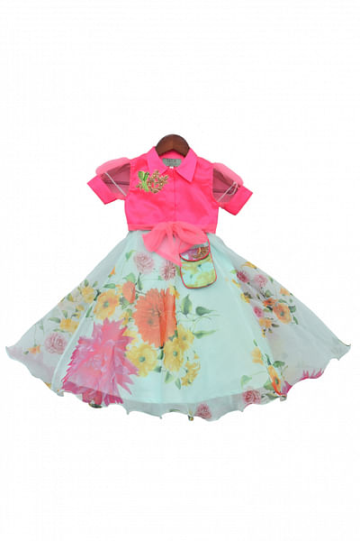 Neon pink and aqua lehenga set