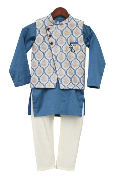 Blue chanderi kurta jacket set