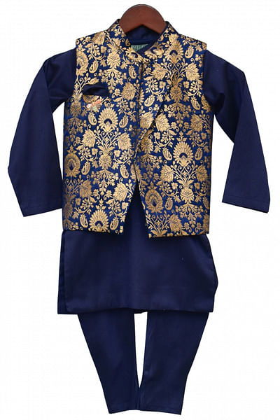Blue brocade Nehru jacket with kurta churidar