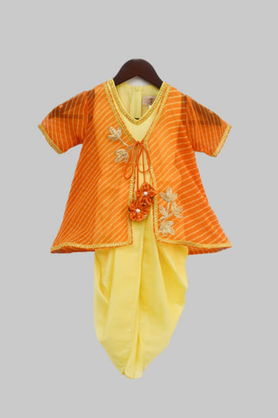 Yellow dhoti jumpsuit and leheriya jacket