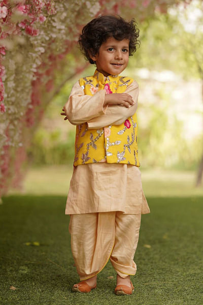 Yellow embroidered jacket and dhoti set