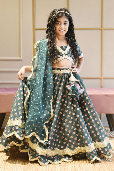 Green printed lehenga set
