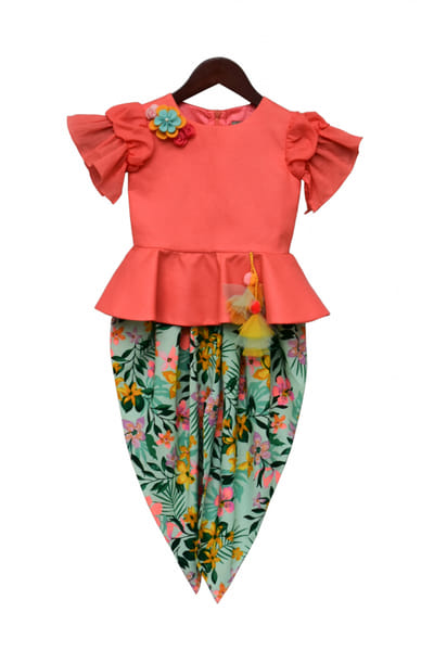 Light peach peplum top with printed dhoti