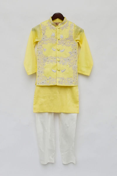 Yellow silk Nehru jacket set