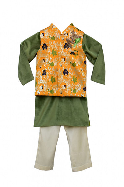 Yellow brocade bandi jacket & kurta set