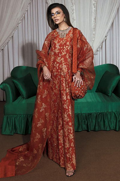 Rust floral block printed kurta and dupatta