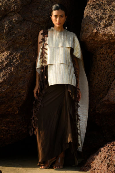 Brown shimmer drape skirt set